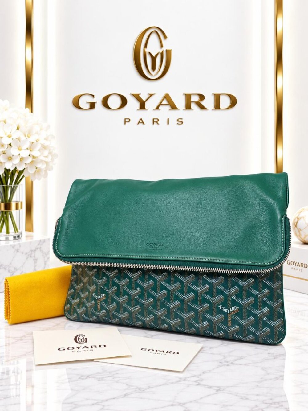 Authentic Goyard Green Goyardine Canvas Leather Foldover Clutch Pouch Luxury Bag